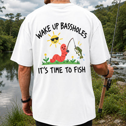 Wake Up Bassholes Funny Worm and Bass Fishing Graphic T-Shirt | Back Print