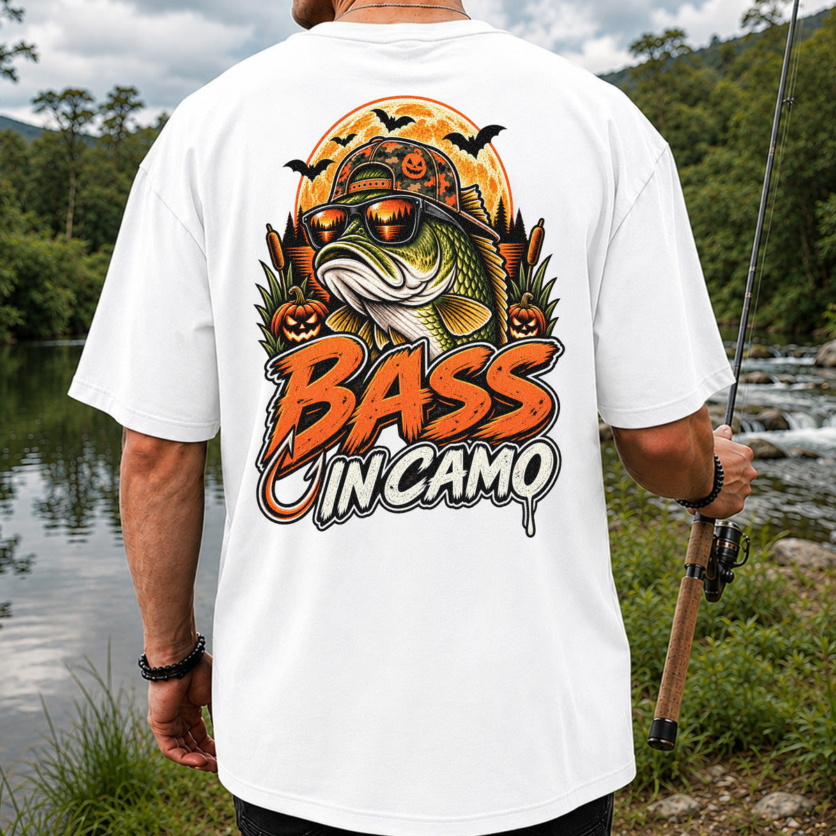 Bass in Camo Halloween Bass Fishing Graphic T-Shirt | Back Print