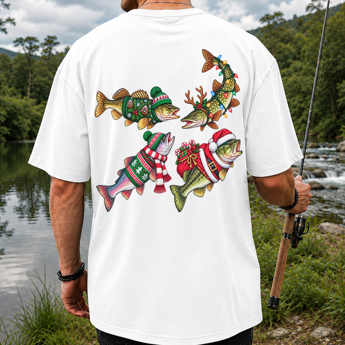 Festive Christmas Fish Wearing Holiday Sweaters Fishing T-Shirt | Back Print