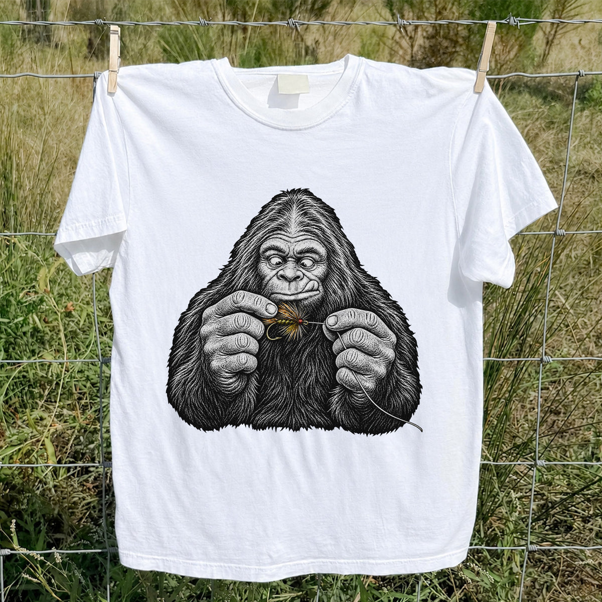 Bigfoot Tying a Fly Fishing Lure Graphic T-Shirt