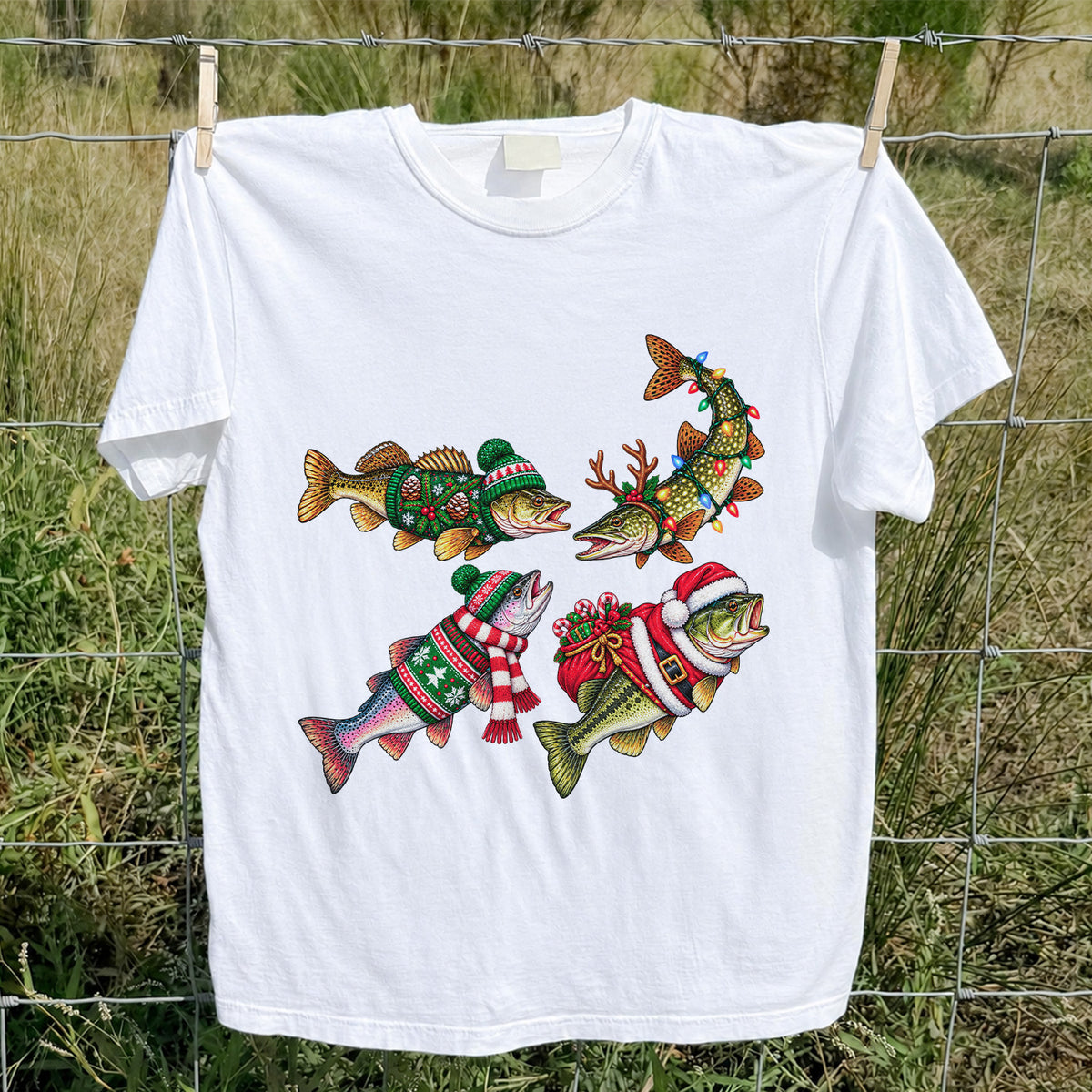 Festive Christmas Fish Wearing Holiday Sweaters Fishing T-Shirt