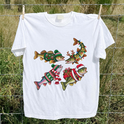 Festive Christmas Fish Wearing Holiday Sweaters Fishing T-Shirt