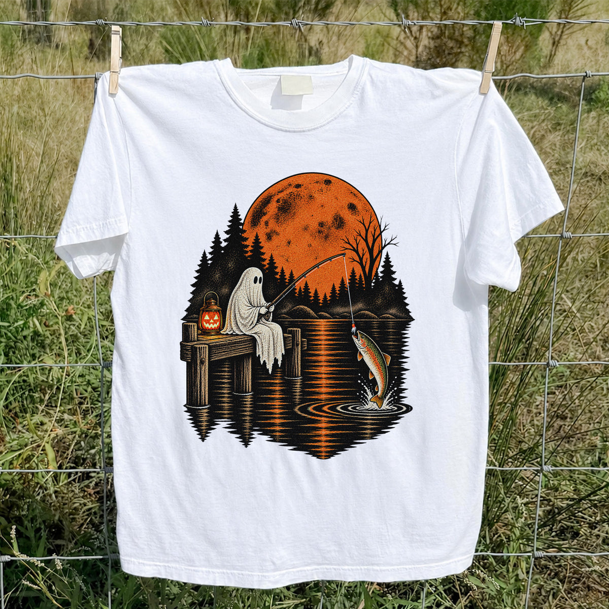 Ghost Fishing for Rainbow Trout Under an Orange Moon Halloween T-Shirt
