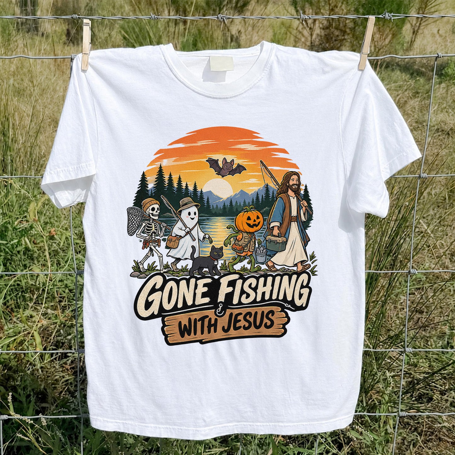 Gone Fishing with Jesus Skeleton Ghost and Pumpkin Halloween Fishing T-Shirt