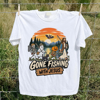 Gone Fishing with Jesus Skeleton Ghost and Pumpkin Halloween Fishing T-Shirt
