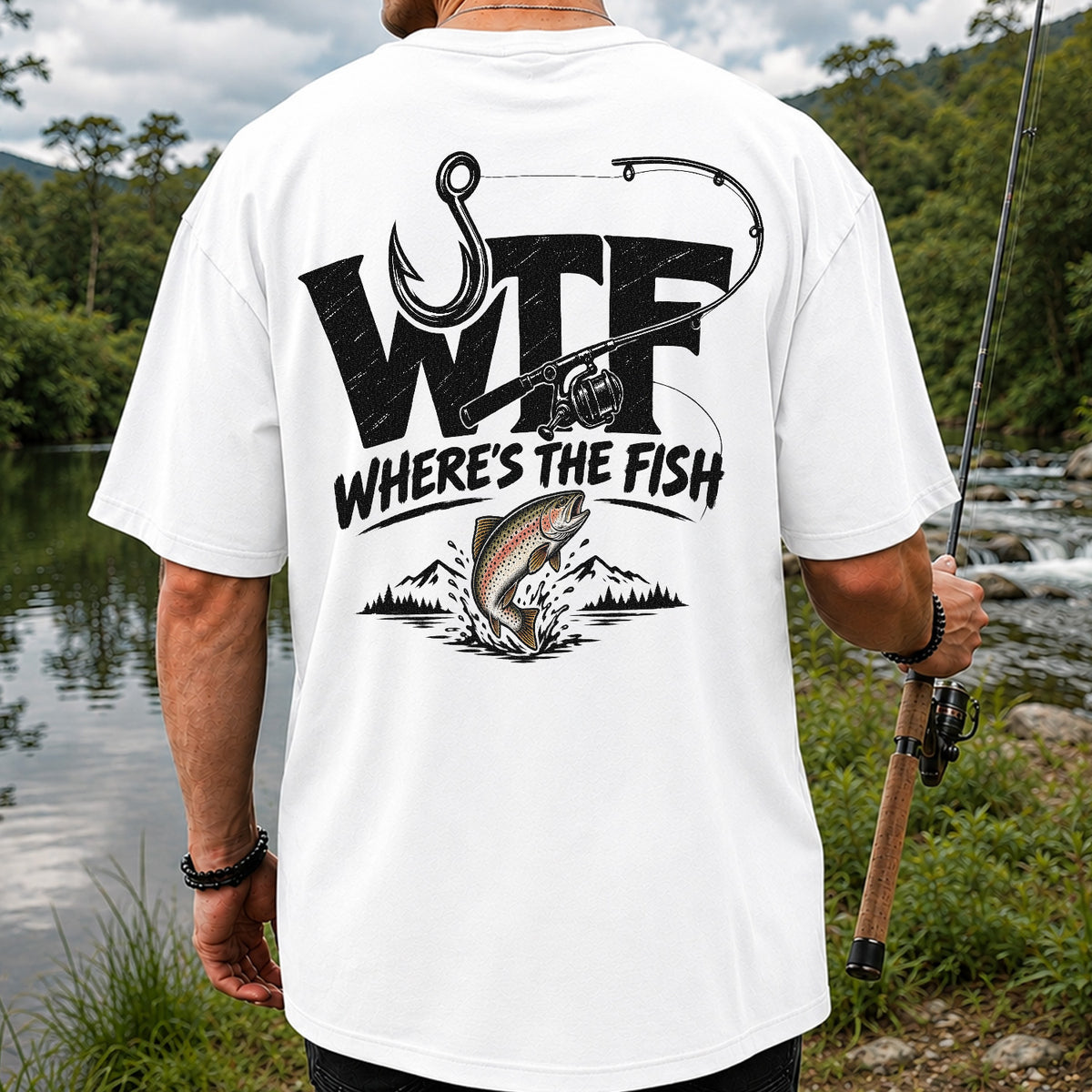 WTF Where's the Fish Jumping Trout and Fishing Rod T-Shirt | Back Print