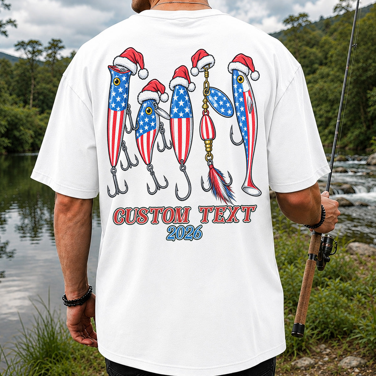 Personalized Patriotic Christmas Fishing Lures T-Shirt | Back Print