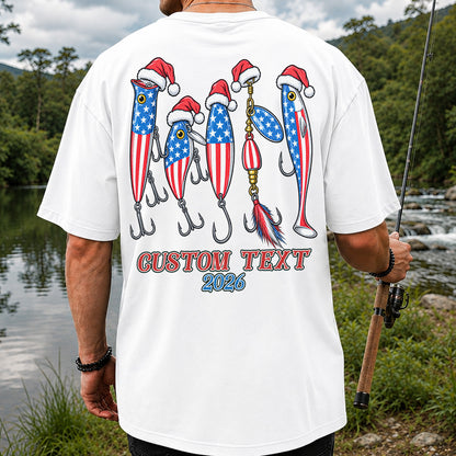 Personalized Patriotic Christmas Fishing Lures T-Shirt | Back Print