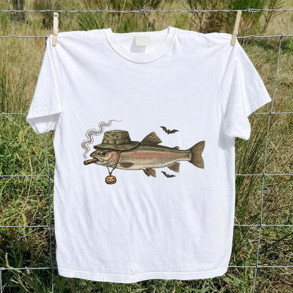 Halloween Trout in Fishing Hat with Pumpkin Charm Graphic T-Shirt