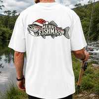 Merry Fishmas Rainbow Trout with Red Santa Hat and Lure Fishing T-Shirt | Back Print