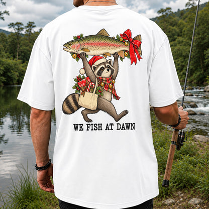 Christmas Raccoon Holding Rainbow Trout Fishing T-Shirt | Back Print