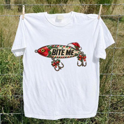 Bite Me Christmas Fishing Lure Funny Graphic T-Shirt