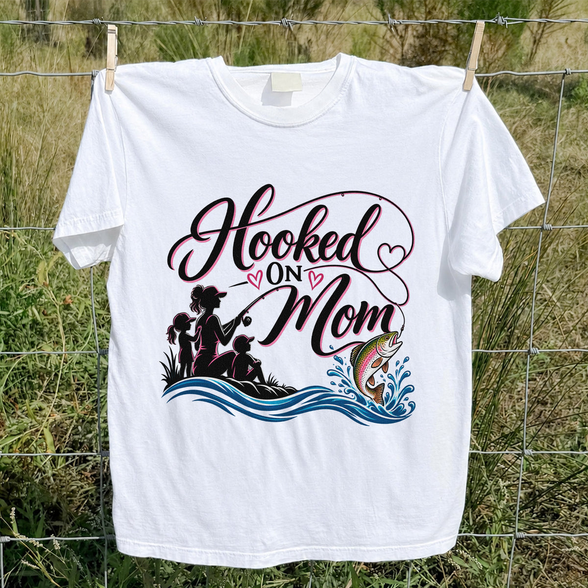 Hooked on Mom Rainbow Trout Family Fishing T-Shirt
