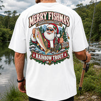 Merry Fishmas Santa's Fishing Club Still Reelin' Rainbow Trout Christmas T-Shirt | Back Print