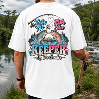 Fish He or Fish She Keeper of the Gender Rainbow Trout Fishing Gender Reveal T-Shirt | Back Print