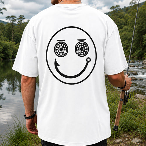 Fishing Reel Eyes Smiley Face Minimalist Graphic T-Shirt | Back Print