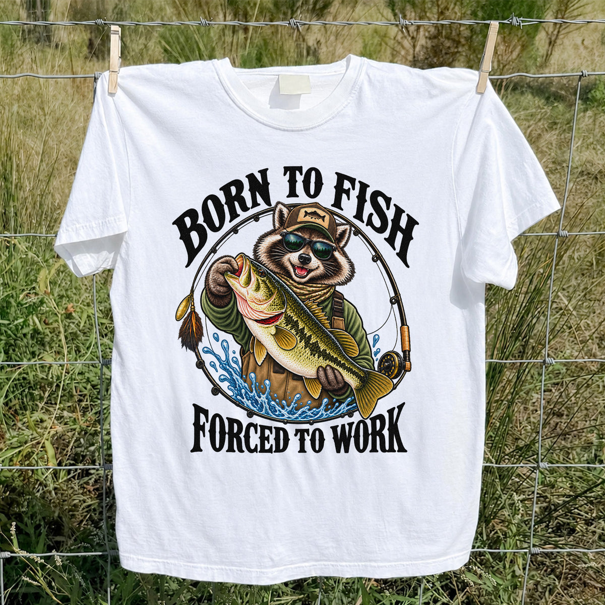 Born to Fish Forced to Work Raccoon Bass Graphic T-Shirt