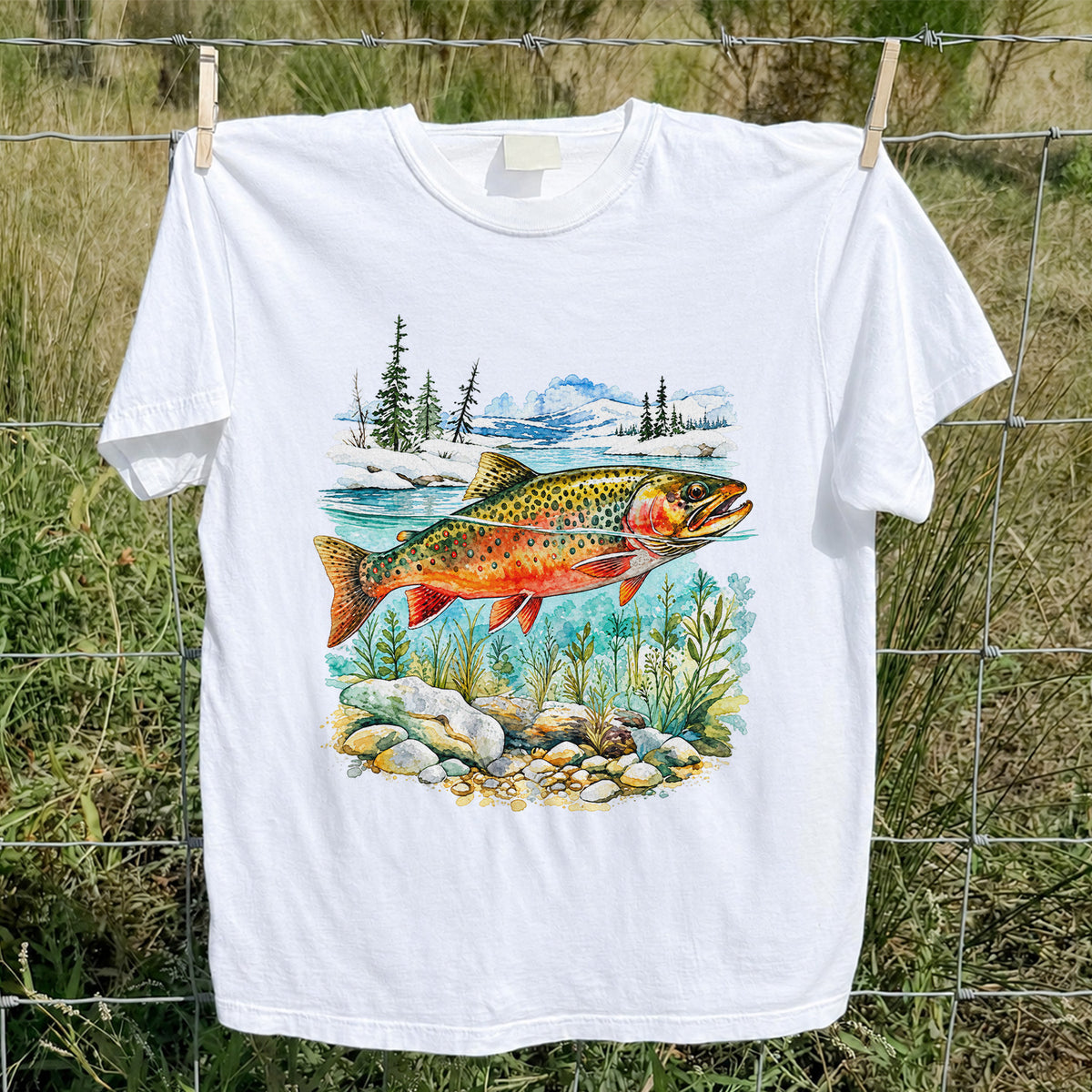 Brown Trout in Mountain River Watercolor Fishing Graphic T-Shirt