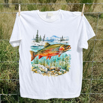 Brown Trout in Mountain River Watercolor Fishing Graphic T-Shirt