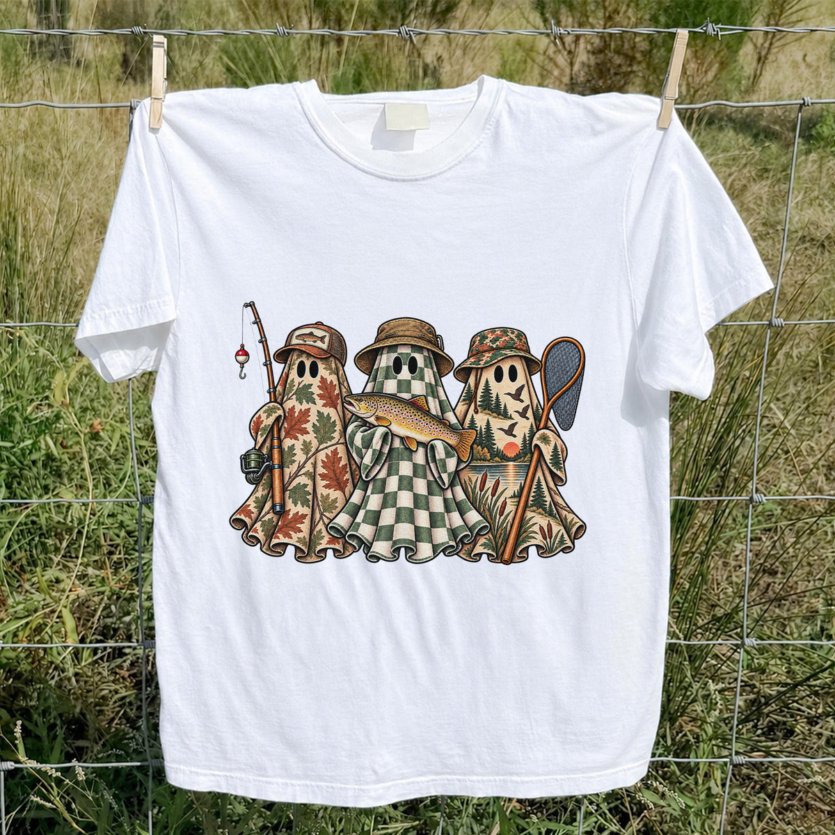 Autumn Ghost Trio with Brown Trout Halloween Fishing T-Shirt