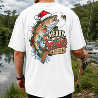 Merry Troutmas Tight Lines Bright Times Santa Hat Rainbow Trout Fishing T-Shirt | Back Print