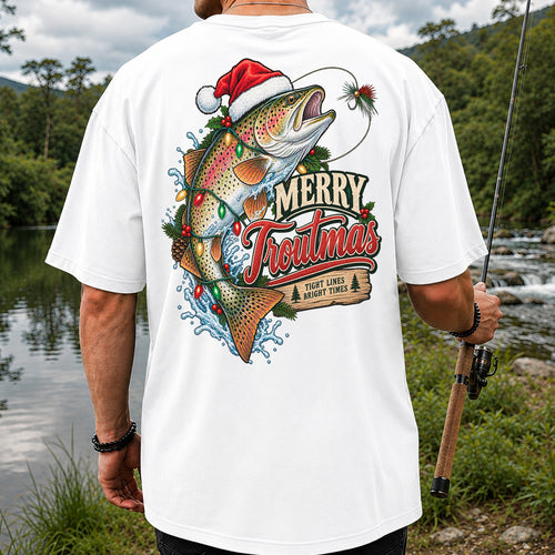 Merry Troutmas Tight Lines Bright Times Santa Hat Rainbow Trout Fishing T-Shirt | Back Print