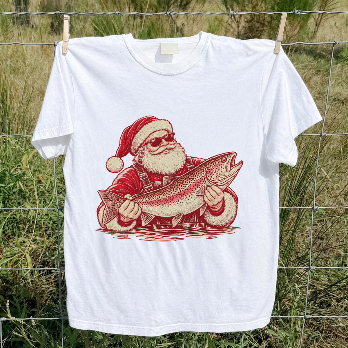 Santa Holding Trout Christmas Fishing Graphic T-Shirt