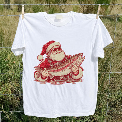 Santa Holding Trout Christmas Fishing Graphic T-Shirt