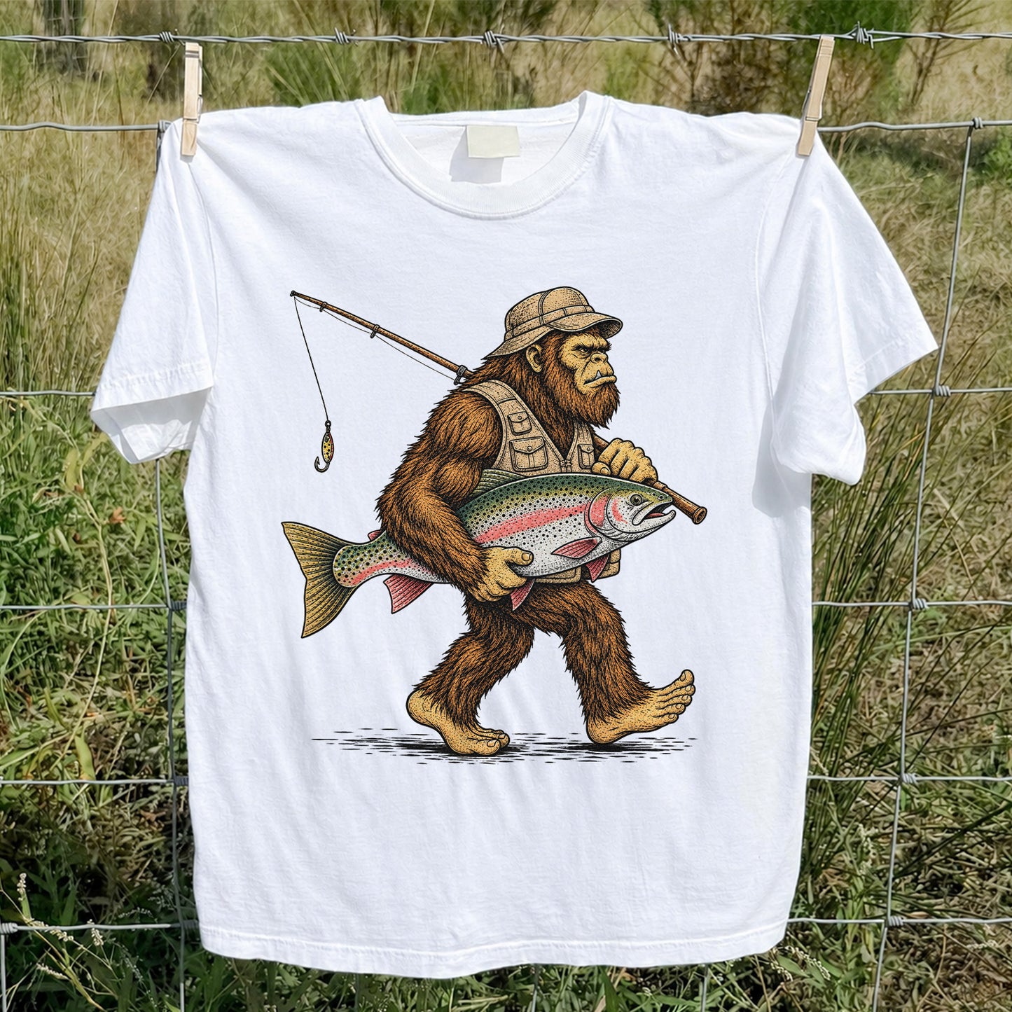 Bigfoot Holding Rainbow Trout Vintage Fishing Graphic T-Shirt