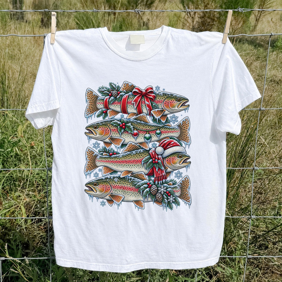 Festive Rainbow Trout Christmas Fishing Graphic T-Shirt