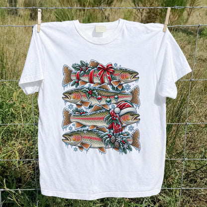 Festive Rainbow Trout Christmas Fishing Graphic T-Shirt