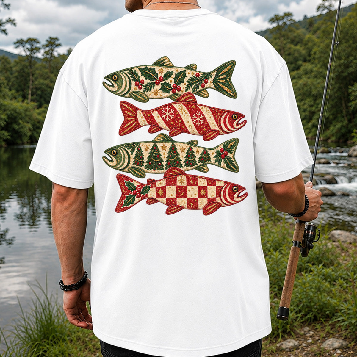 Christmas Trout Holiday Pattern Fishing Graphic T-Shirt | Back Print