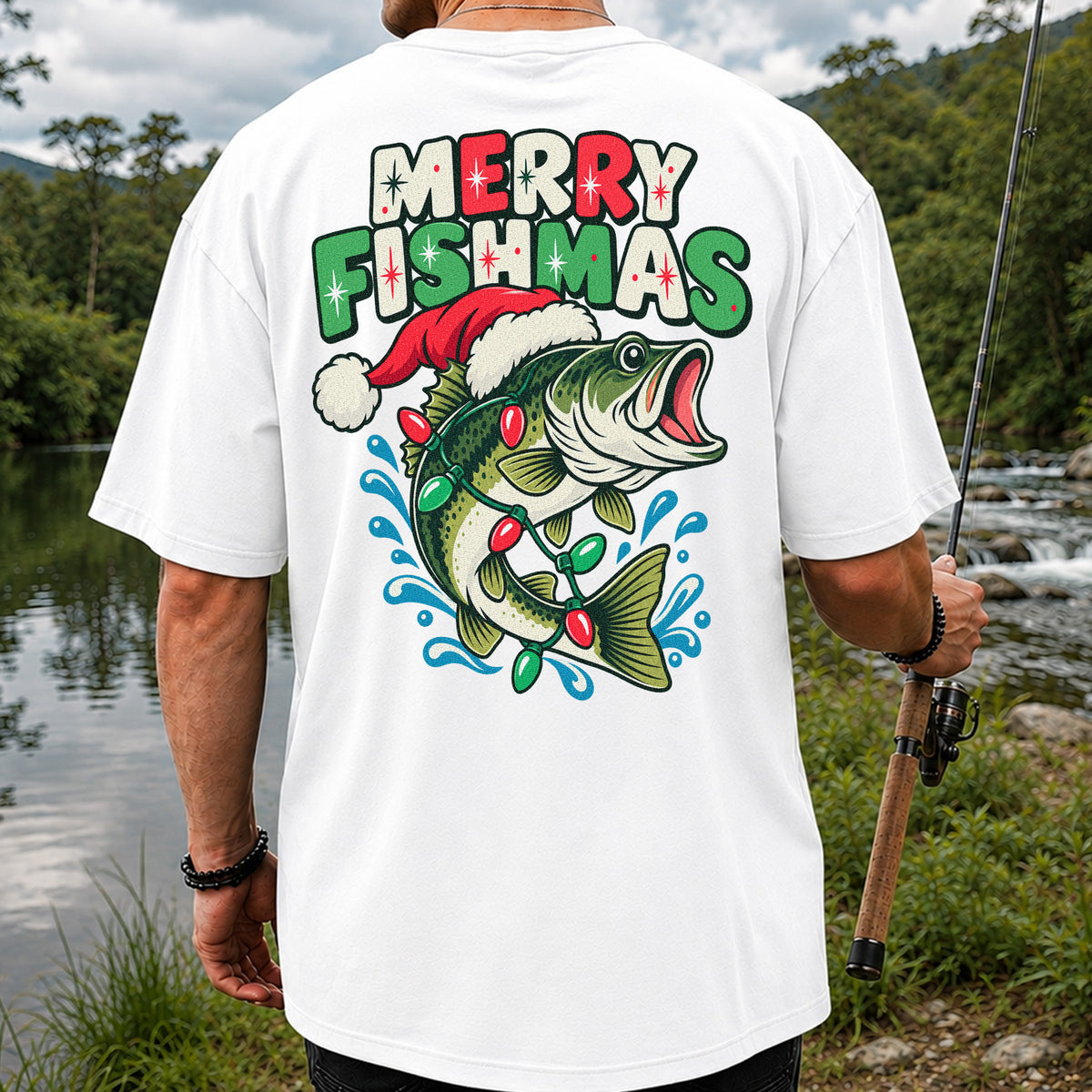 Christmas Bass Wrapped in Lights Graphic T-Shirt | Back Print