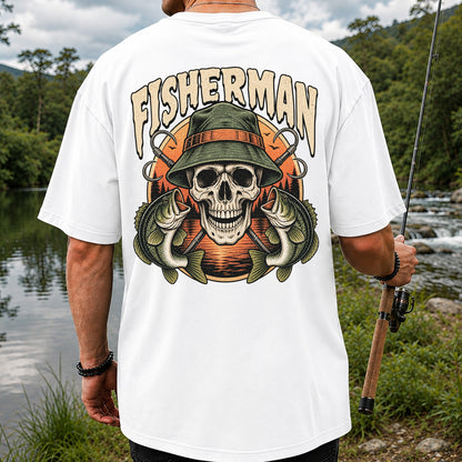 Fisherman Skull with Bucket Hat and Bass Fishing Graphic T-Shirt | Back Print