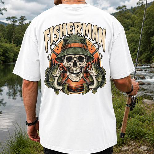 Fisherman Skull with Bucket Hat and Bass Fishing Graphic T-Shirt | Back Print
