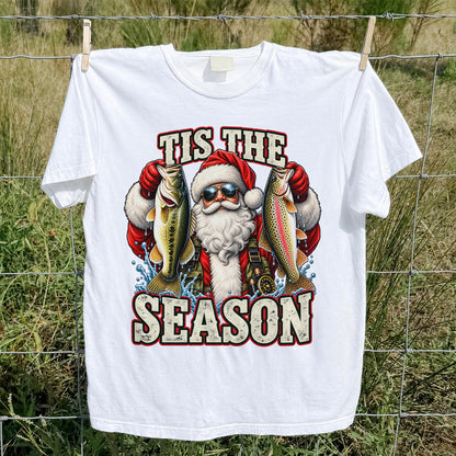 Tis the Season Santa Holding Bass and Rainbow Trout Christmas Fishing T-Shirt