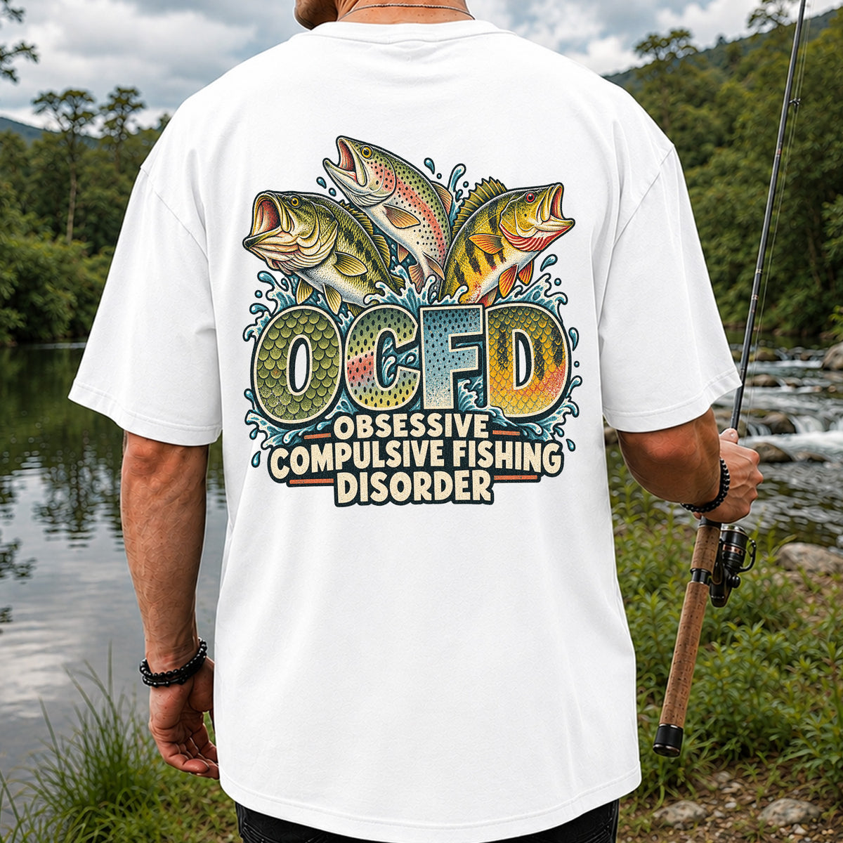 OCFD Obsessive Compulsive Fishing Disorder Bass and Trout T-Shirt | Back Print