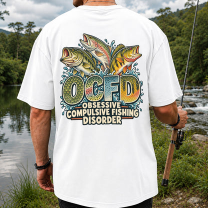 OCFD Obsessive Compulsive Fishing Disorder Bass and Trout T-Shirt | Back Print