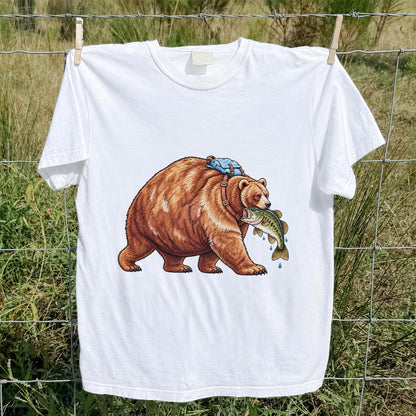 Bear Carrying Bass Fishing Wildlife Graphic T-Shirt