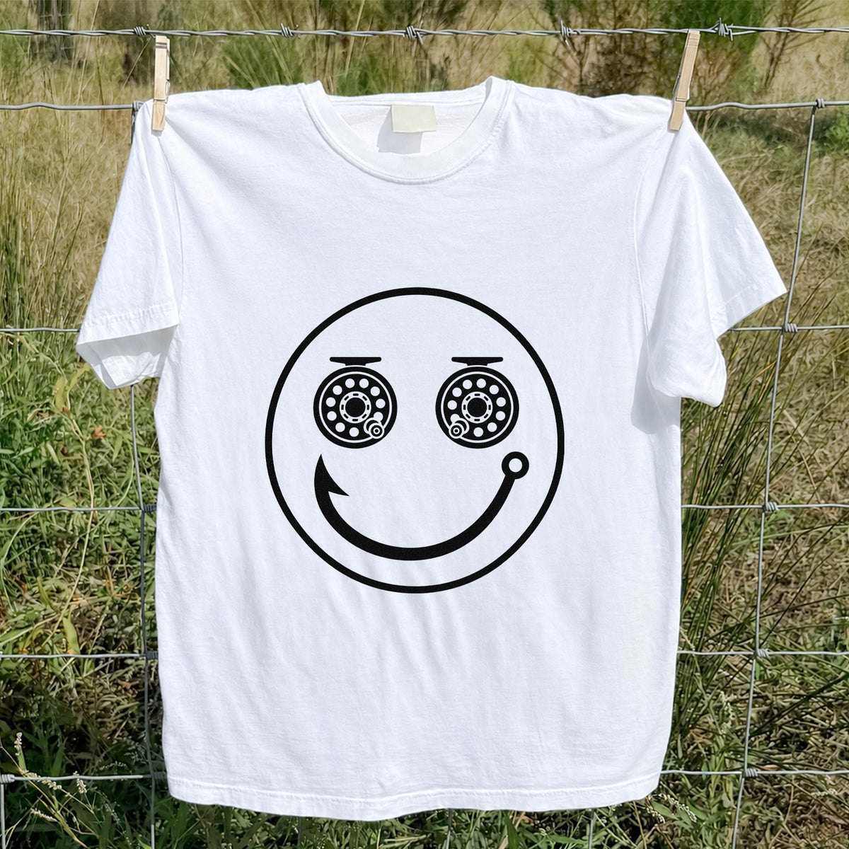 Fishing Reel Eyes Smiley Face Minimalist Graphic T-Shirt