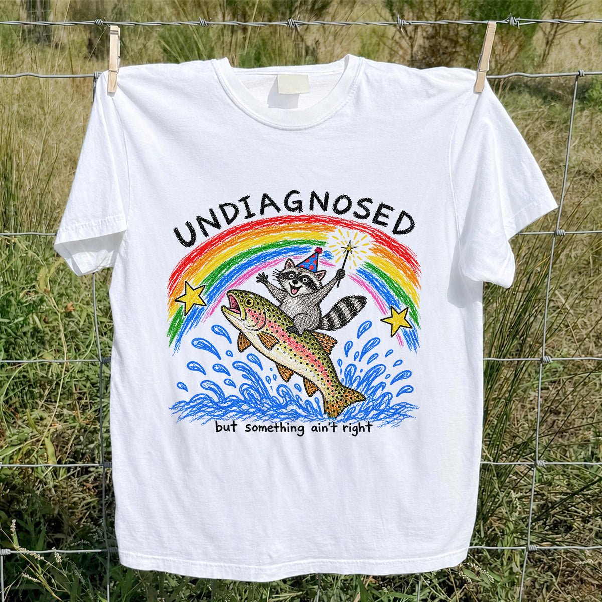 Undiagnosed But Something Ain't Right Raccoon Riding Trout T-Shirt