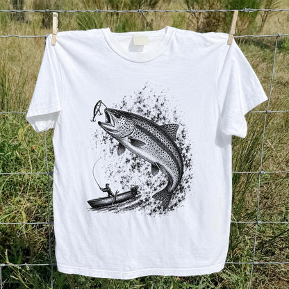 Leaping Trout Striking Lure from Fishing Boat Graphic T-Shirt