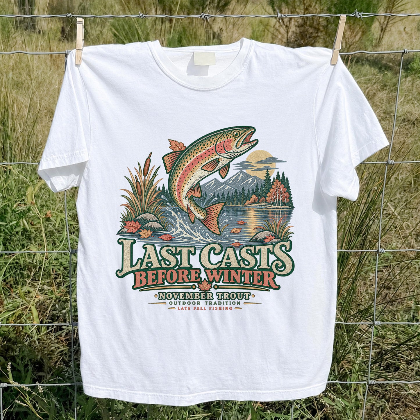 Last Casts Before Winter November Rainbow Trout Fishing Graphic T-Shirt