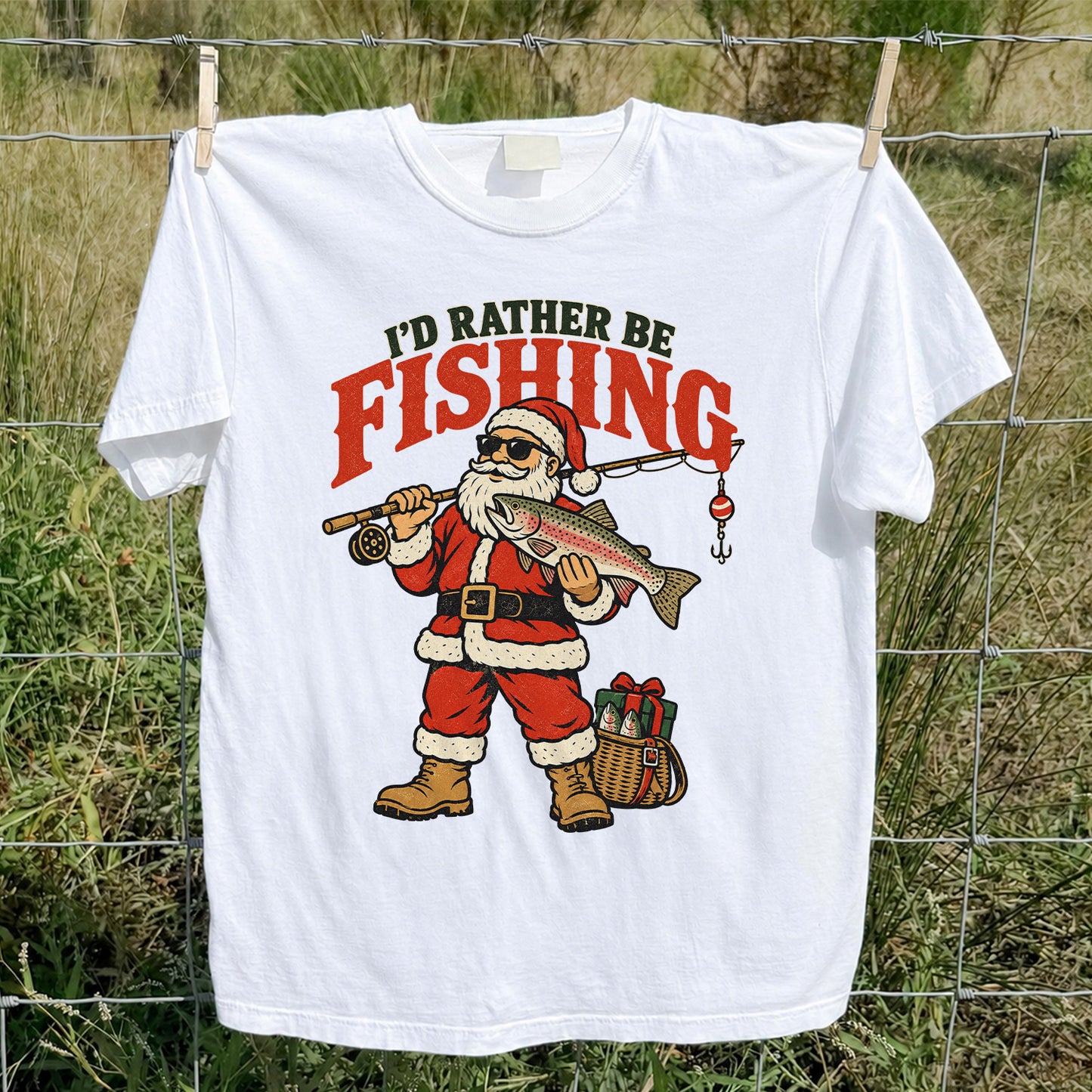 I'd Rather Be Fishing Santa Holding Rainbow Trout Christmas T-Shirt