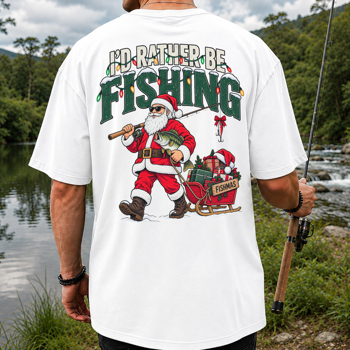 Santa Fishing with Bass Christmas Graphic T-Shirt | Back Print