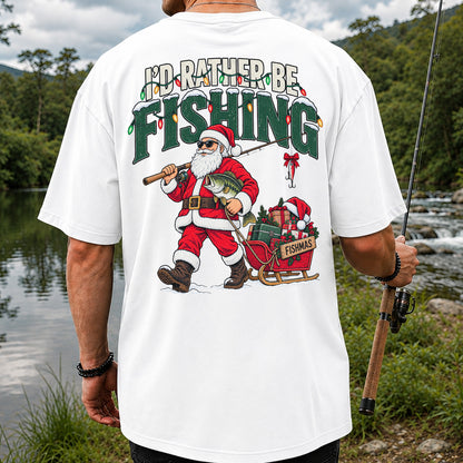 Santa Fishing with Bass Christmas Graphic T-Shirt | Back Print