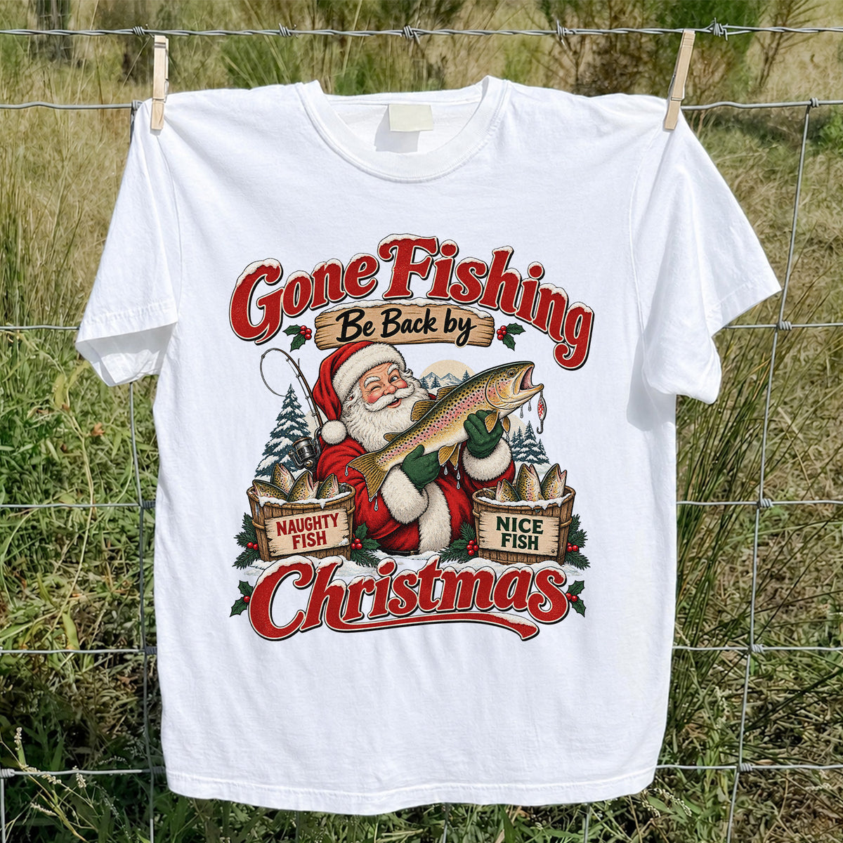 Gone Fishing Be Back by Christmas Santa Trout T-Shirt