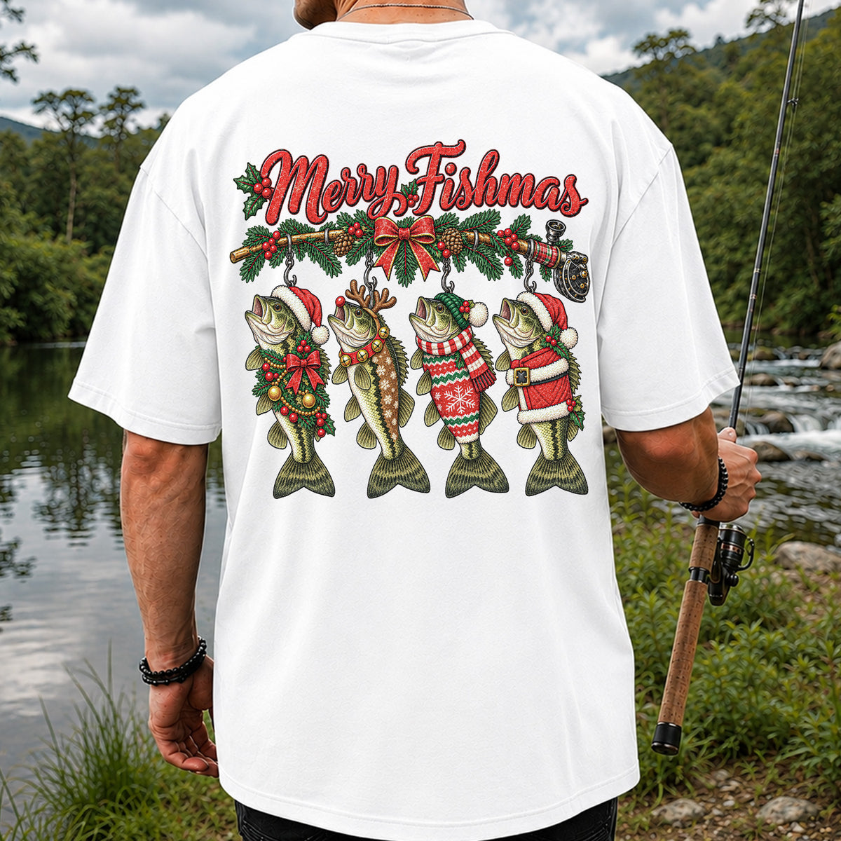 Merry Fishmas Christmas Bass Fishing Graphic T-Shirt | Back Print