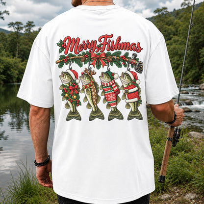 Merry Fishmas Christmas Bass Fishing Graphic T-Shirt | Back Print