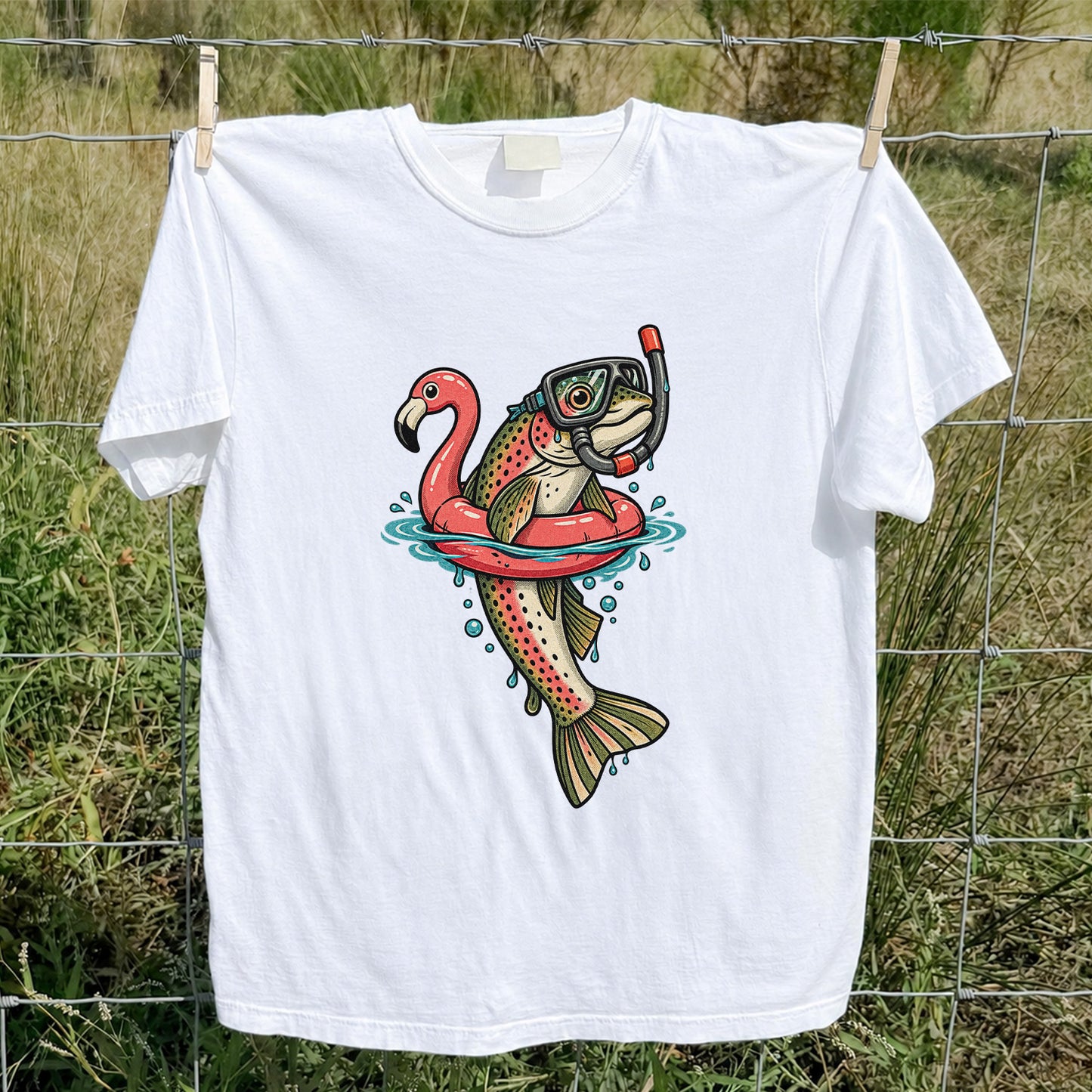 Rainbow Trout Snorkeling in a Flamingo Float Fishing Graphic T-Shirt